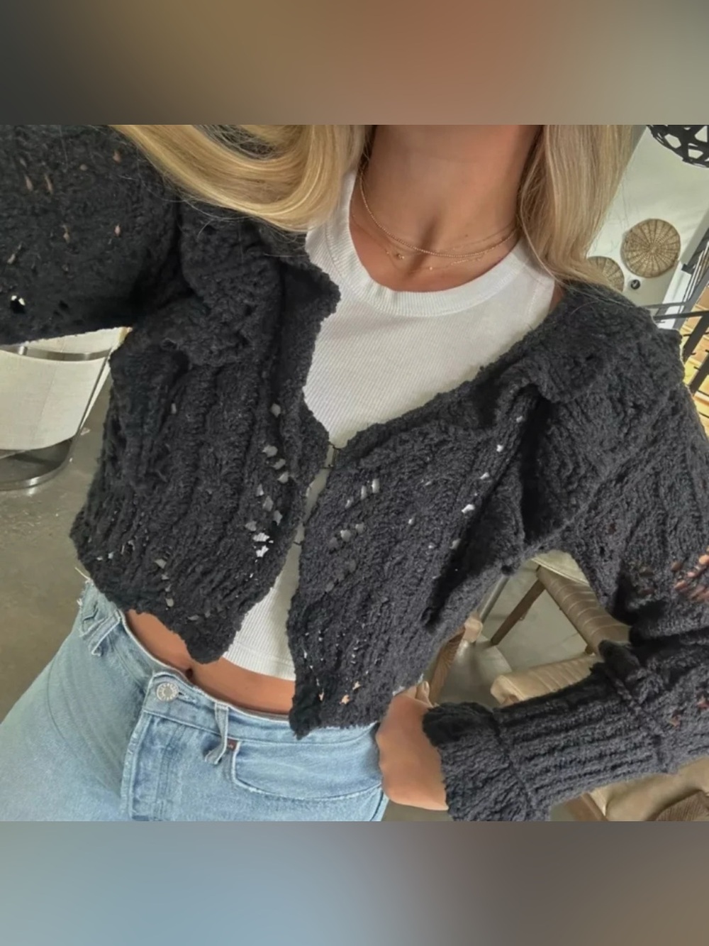 Black Cropped Open-Knit Women’s Sweater Cardigan